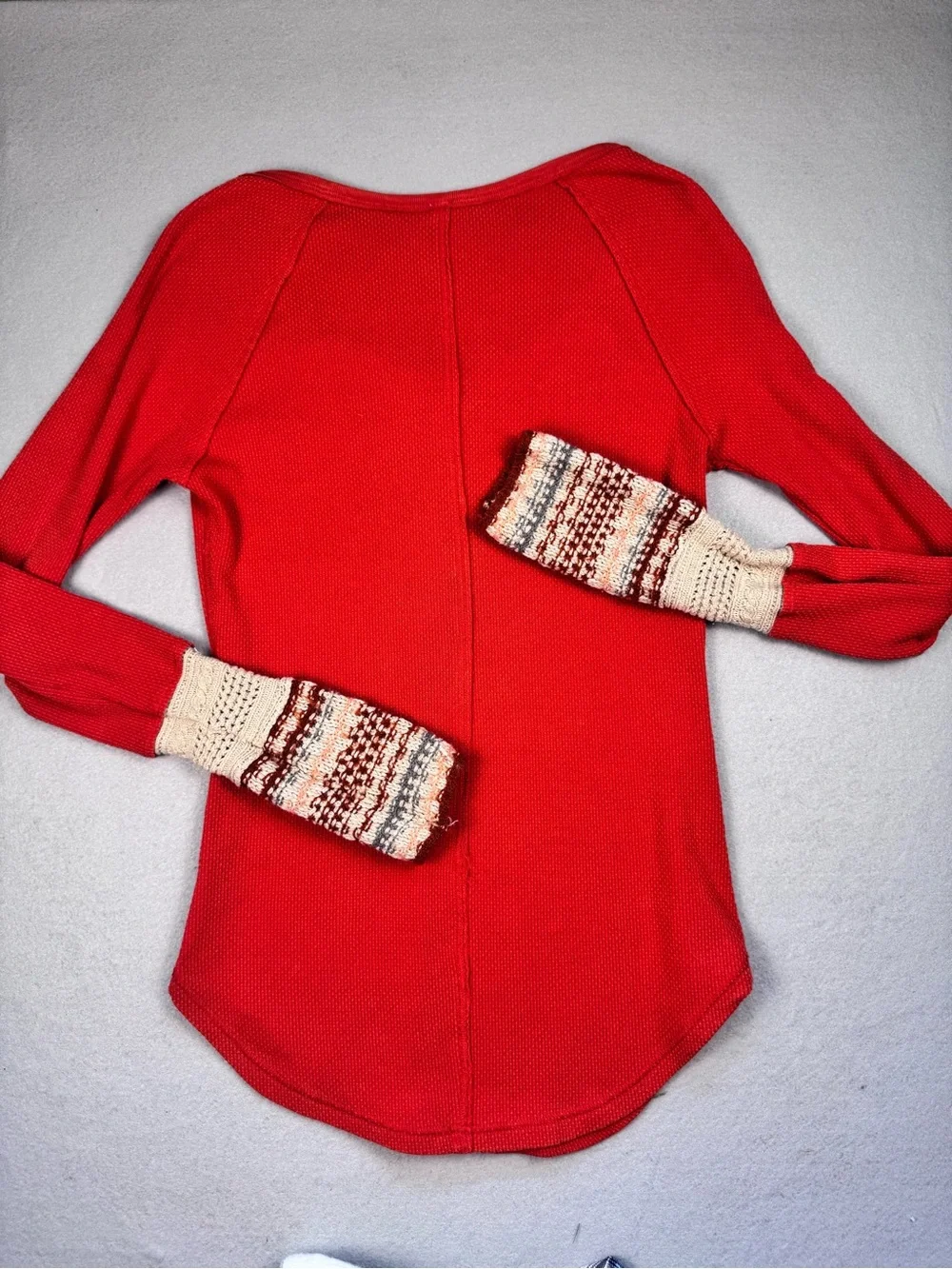 Free People Red Thermal Henley Top with Patterned Cuff Accents